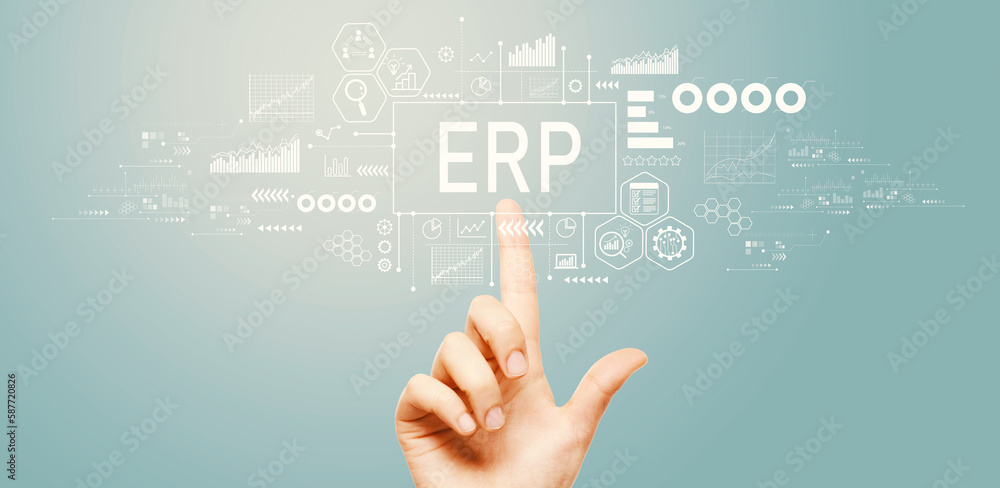 ERP - Enterprise resource planning theme with hand pressing a button on a technology screen