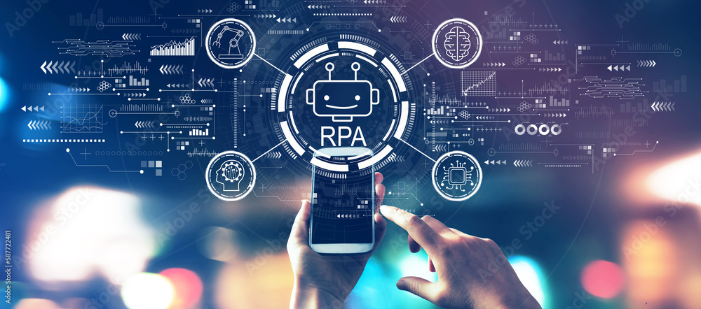 Robotic Process Automation RPA theme with blurred city lights at night