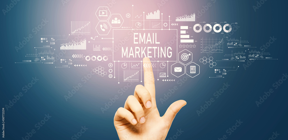 Email marketing with hand pressing a button on a technology screen