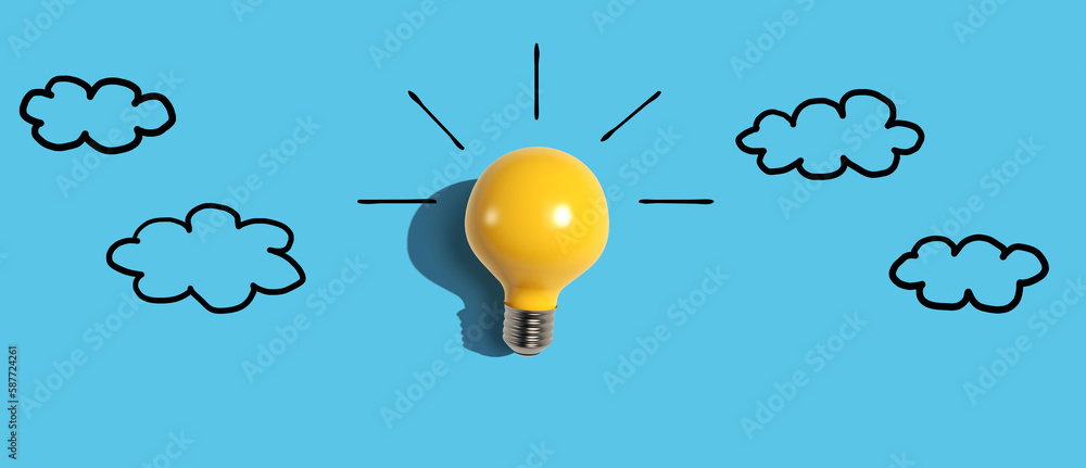 Yellow light bulb with cloud sketches - Flat lay