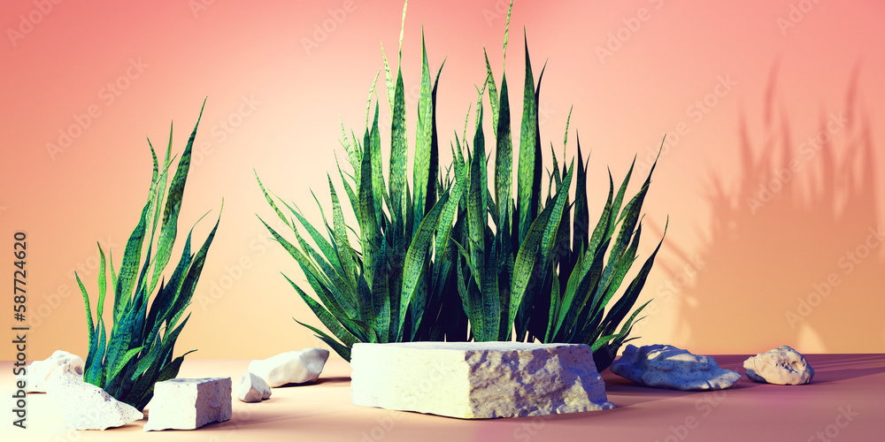 Snake plant with white stone podiums - 3D render