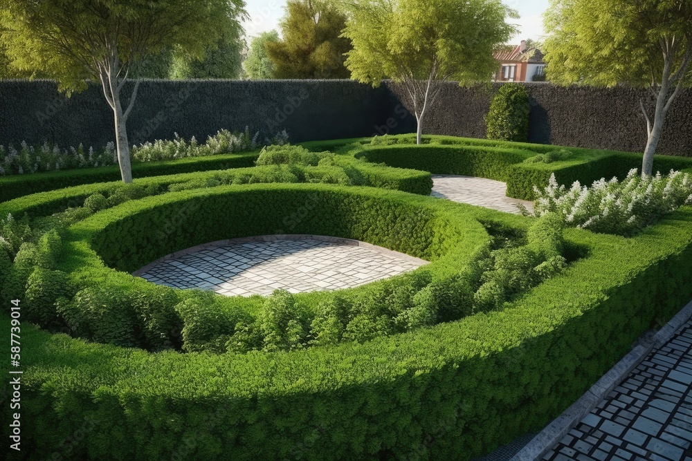 meticulously landscaped garden with a variety of hedges and plants. Generative AI