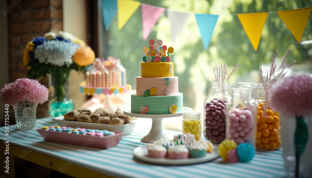  A table set with all the essentials for the ultimate birthday celebration, including a stunning cak