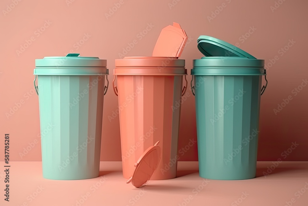 Illustration of three recycling bins on a vibrant pink background. Generative AI