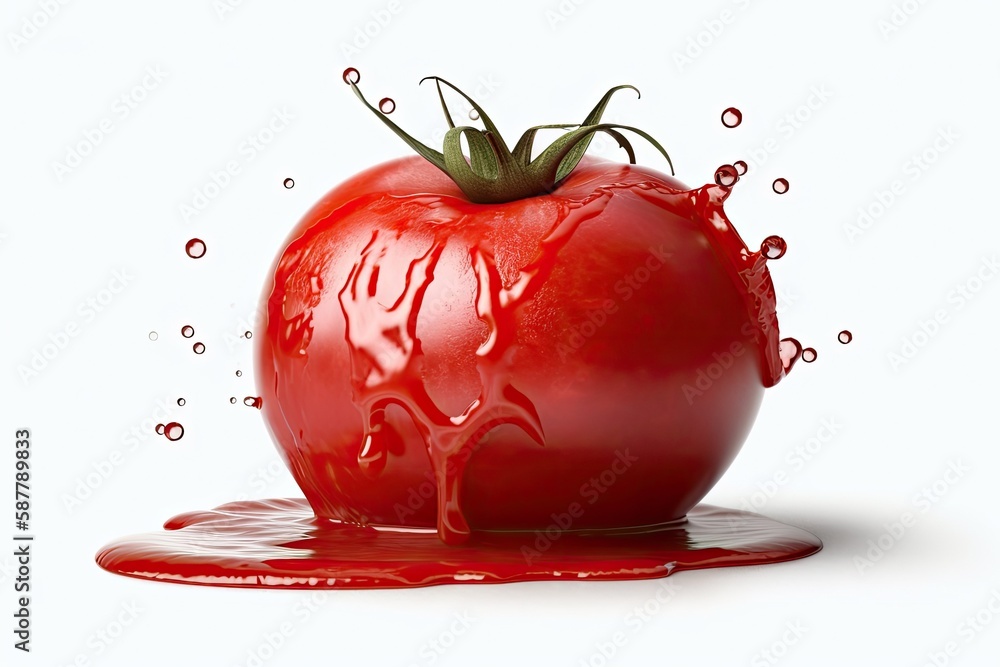 juicy red tomato with a glistening water droplet on its surface. Generative AI