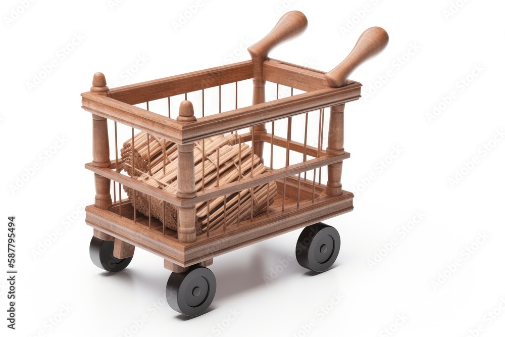 Wooden Toy Shopping Cart with Two Handles for Children. Generative AI