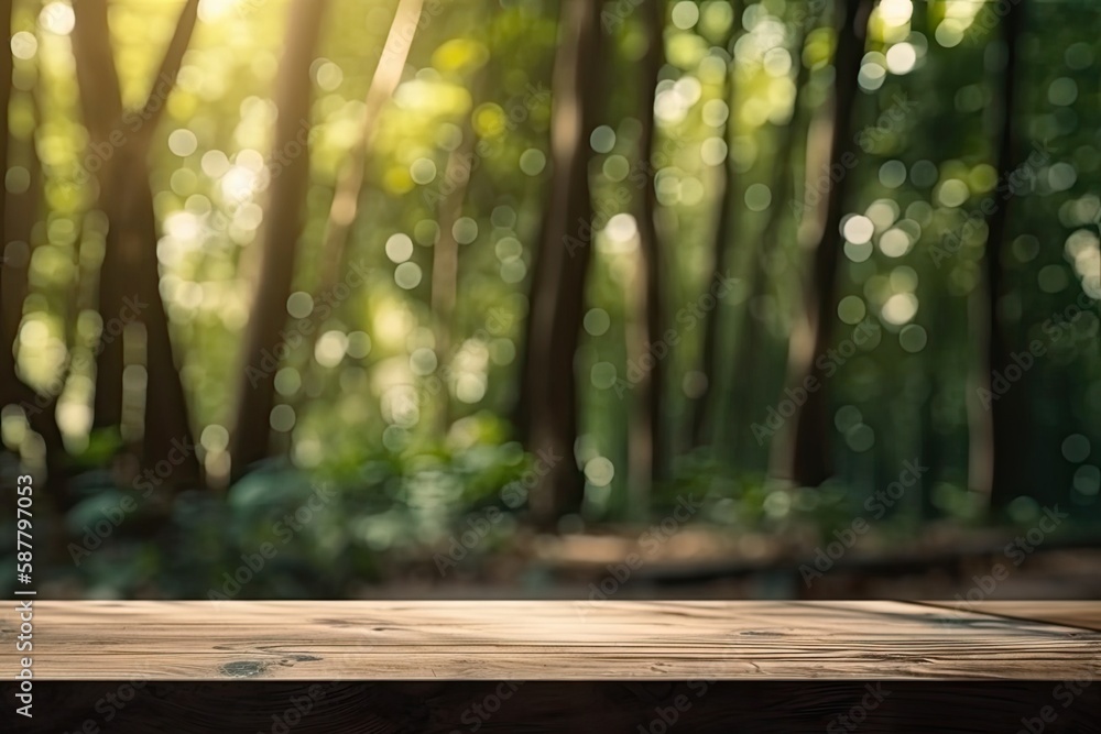 wooden table placed in a lush green forest setting. Generative AI