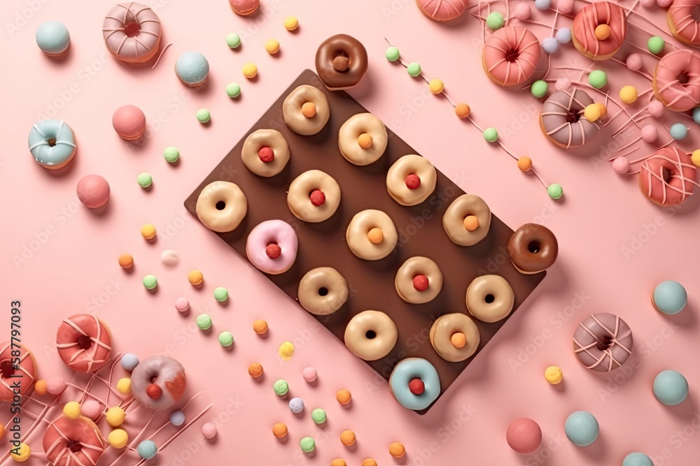 Illustration of colorful donuts with sprinkles on a pink background. Generative AI