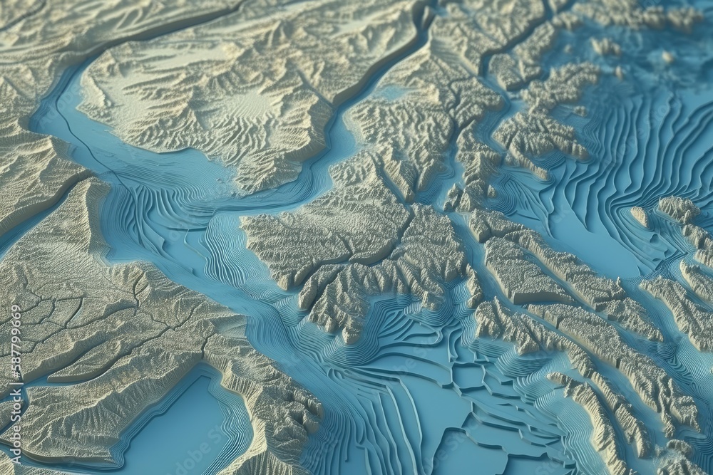 Illustration of an expansive body of water as seen from above. Generative AI