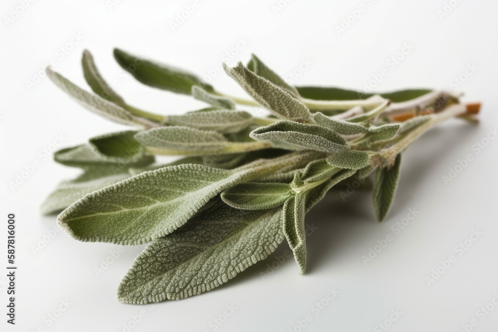 bunch of fresh sage leaves on a white background. Generative AI