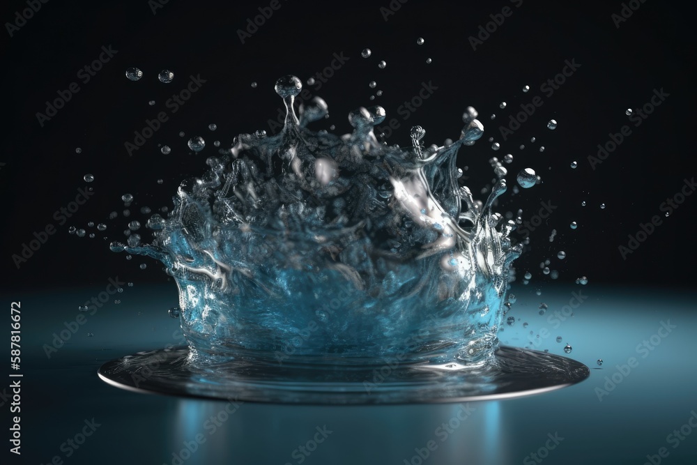 Illustration of blue liquid splashing into clear water. Generative AI