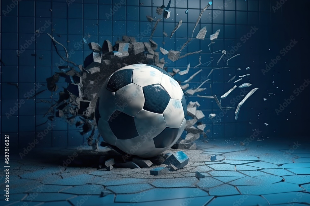 soccer ball breaking through a tiled wall. Generative AI