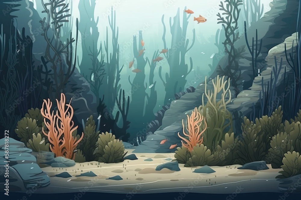 Illustration of an underwater ecosystem with colorful corals and lush seaweed. Generative AI