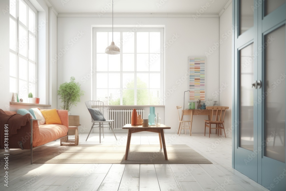 cozy living room with natural light and comfortable furniture. Generative AI