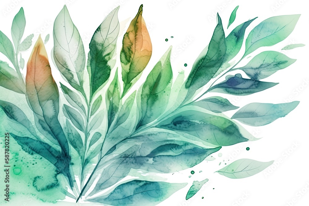 Illustration of green leaves painted with watercolor on a white background. Generative AI