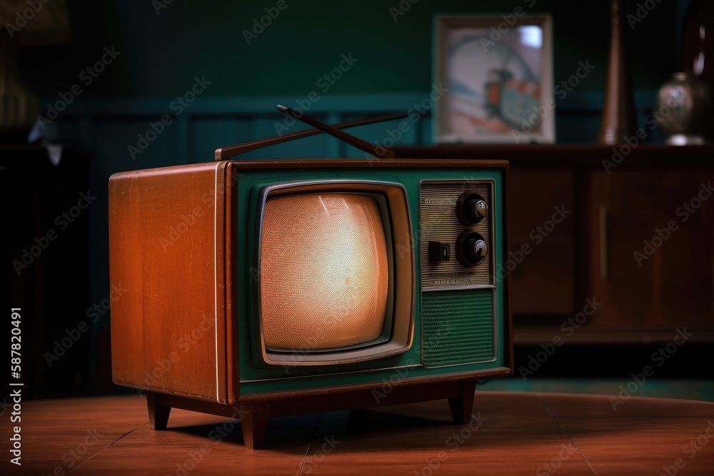 Illustration of an antique television set resting on a rustic wooden table. Generative AI