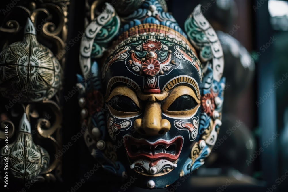 close-up view of a decorative mask displayed on a wooden shelf. Generative AI