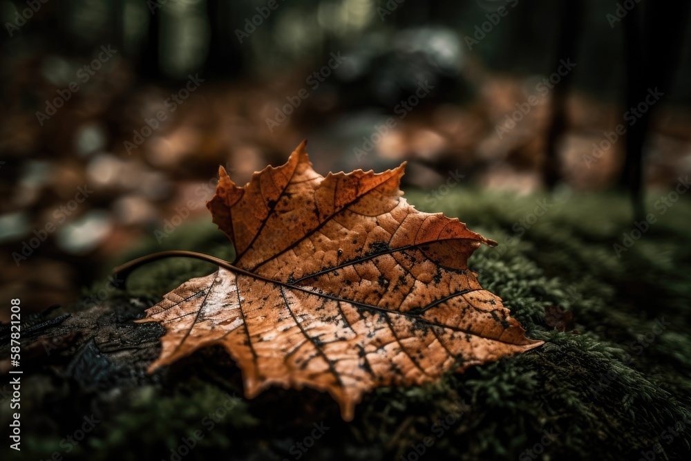 solitary leaf resting on a bed of lush green moss. Generative AI