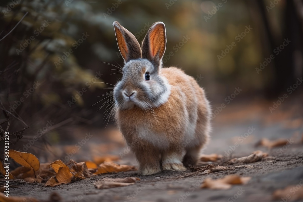 cute rabbit sitting on a bed of autumn leaves. Generative AI