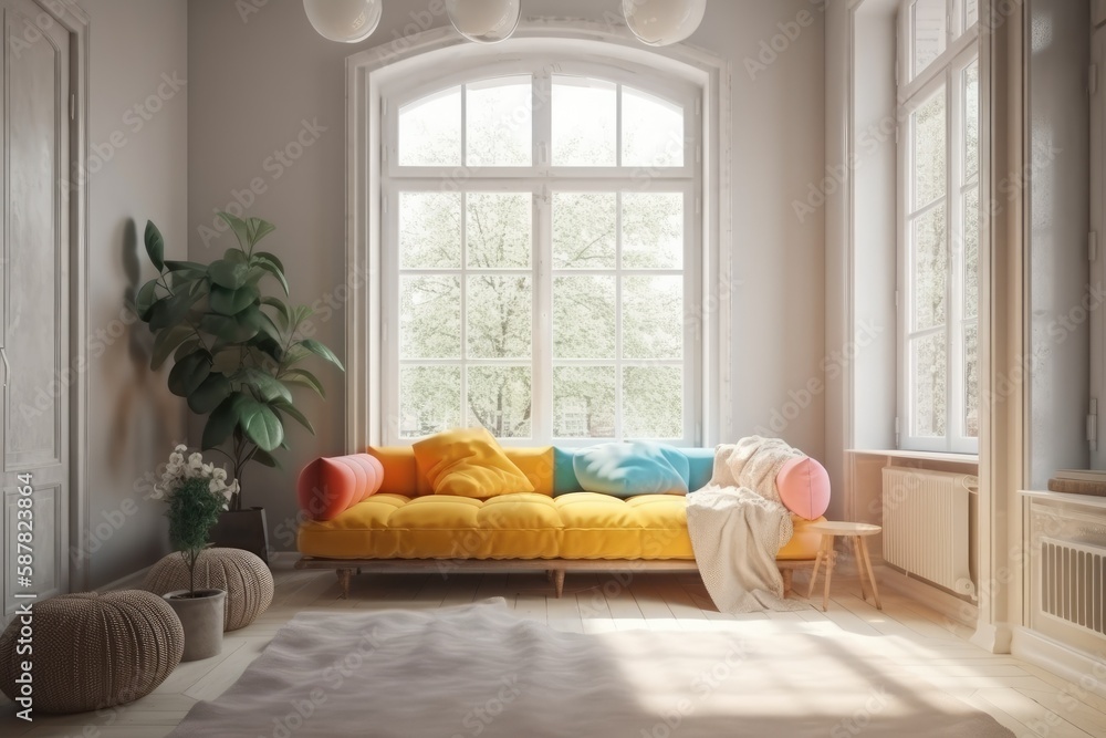 cozy living room with ample seating and natural light pouring in from a large window. Generative AI