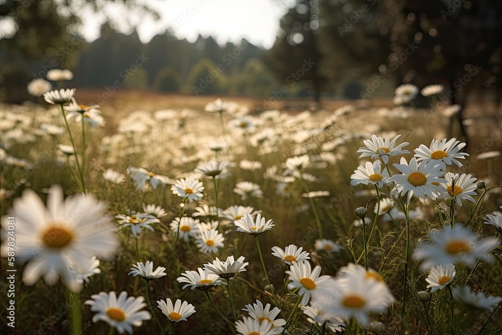 picturesque field of white daisies with tall trees in the distant background. Generative AI