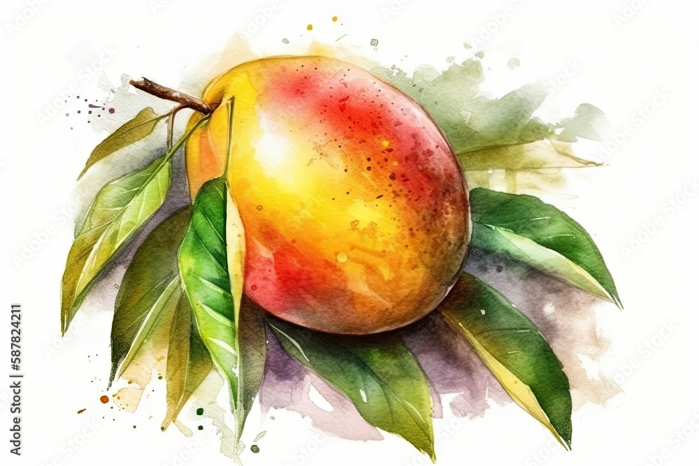 watercolor painting of a peach with leaves. Generative AI