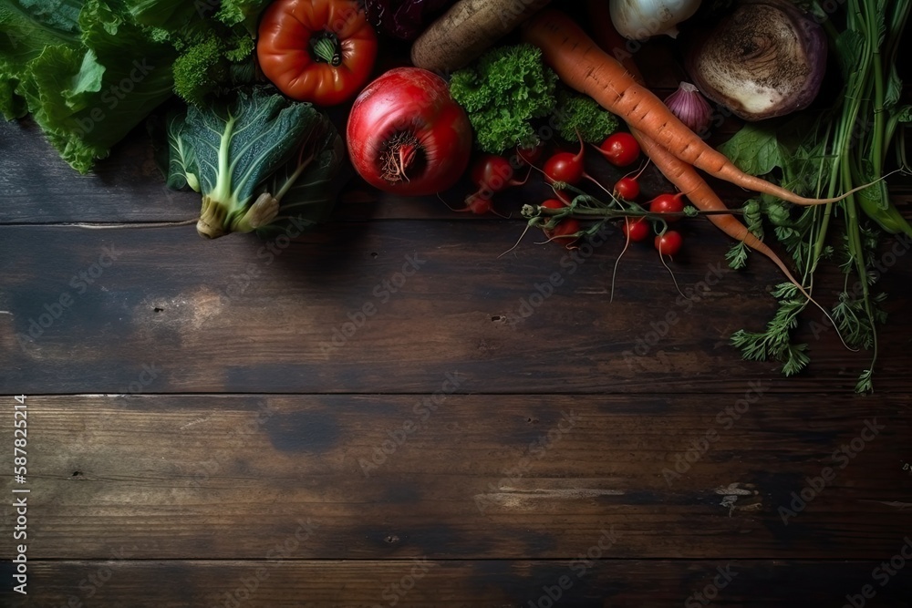 colorful array of fresh vegetables arranged on a wooden table. Generative AI