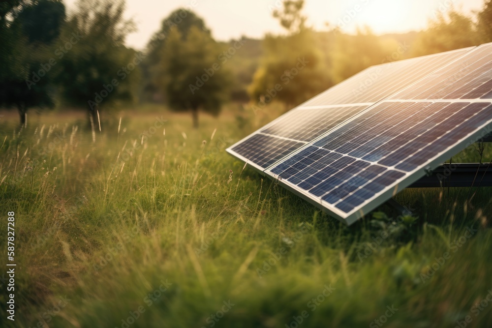 solar panel in a green field under a bright blue sky. Generative AI