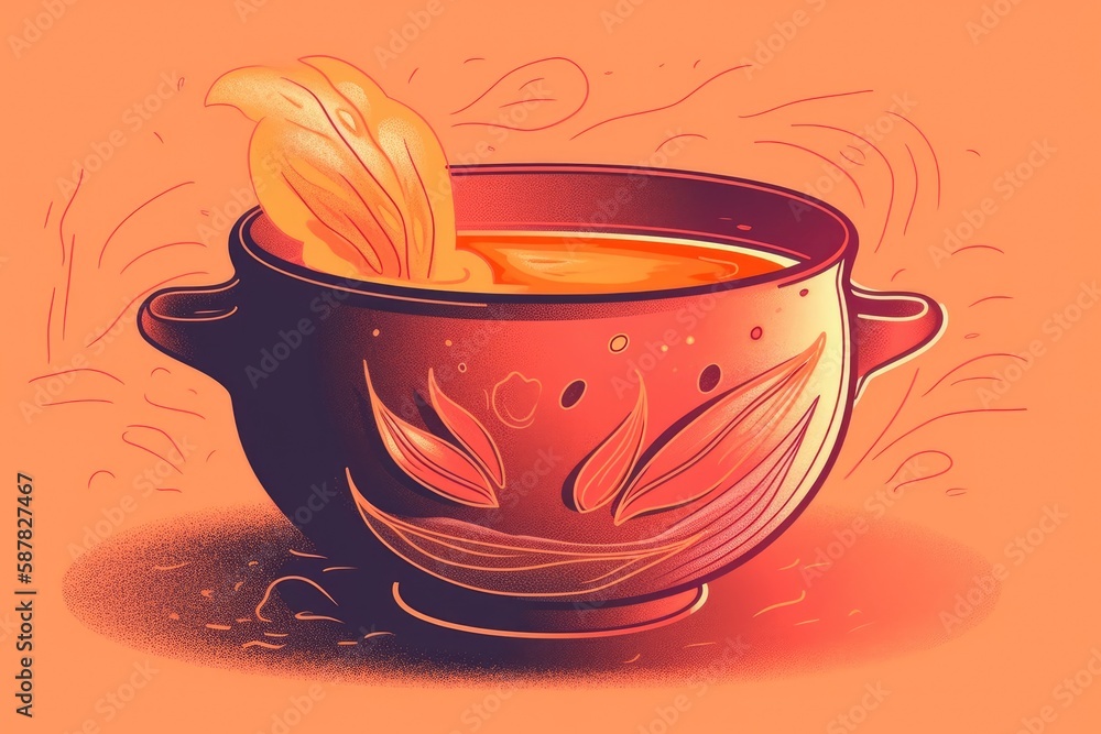 bowl of soup with a visible leaf. Generative AI