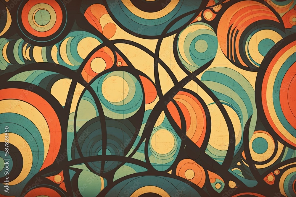 Illustration of an abstract painting featuring circles on a wall. Generative AI