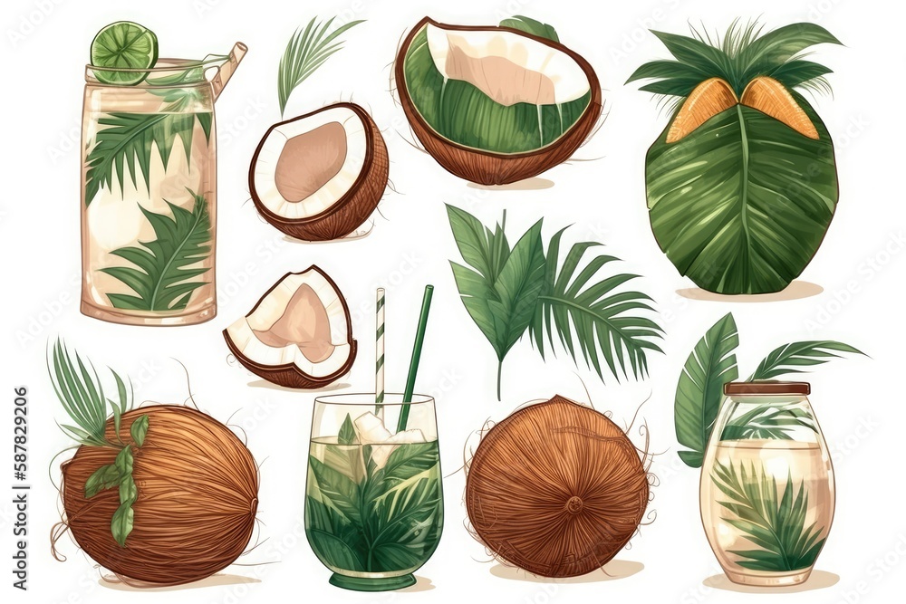 tropical display featuring coconuts and other exotic items. Generative AI