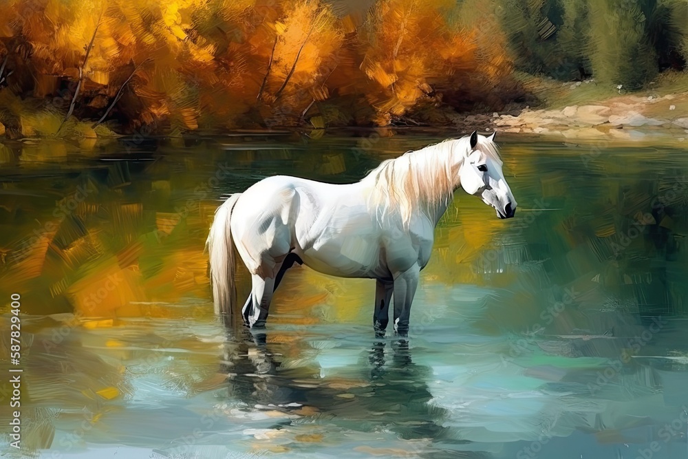 majestic white horse standing in a flowing river. Generative AI