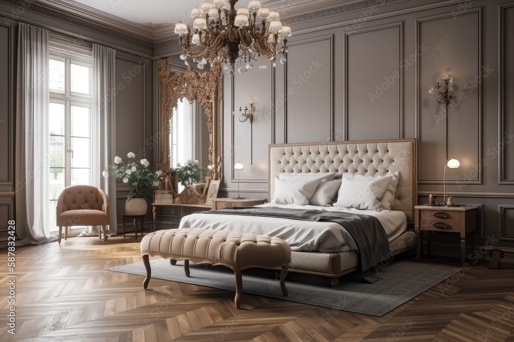 Luxurious Bedroom with a King-Sized Bed and Elegant Chandelier. Generative AI