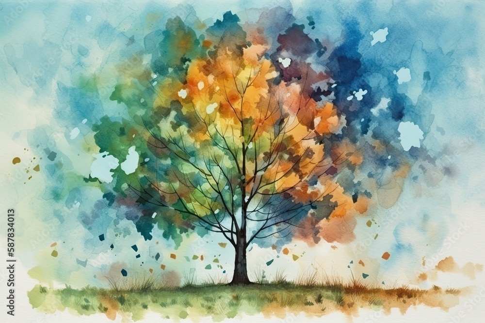 vibrant and colorful tree in a watercolor painting. Generative AI