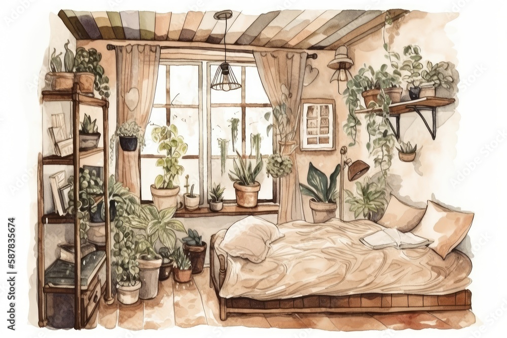 cozy bedroom adorned with lush green plants in watercolor painting style. Generative AI