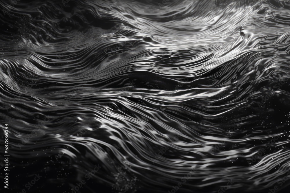 Illustration of black and white ocean waves crashing on a rocky shore. Generative AI