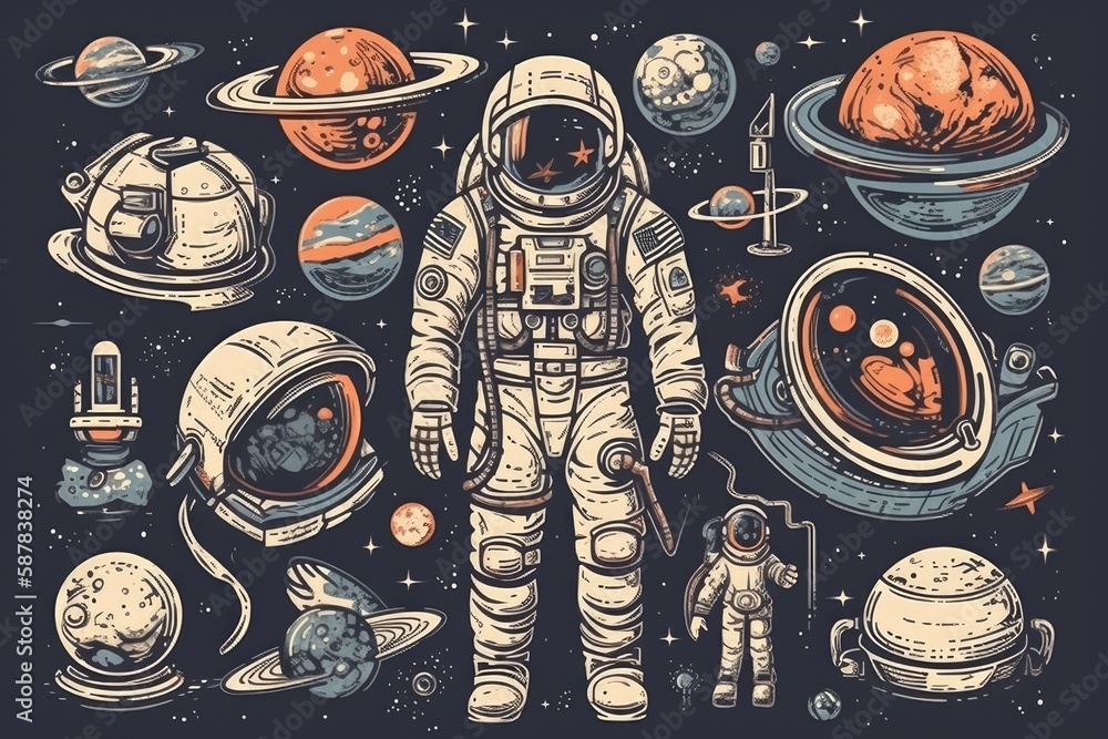 Illustration of an astronaut exploring a colorful planetary system. Generative AI