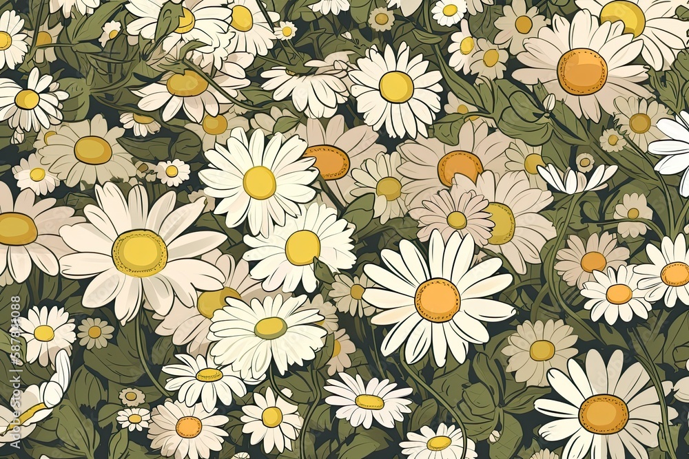 beautiful field of white daisies with yellow centers under a bright blue sky. Generative AI