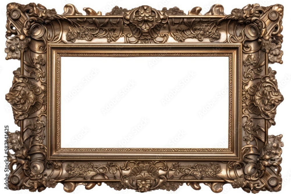 Illustration of an ornate gold frame with a blank white background. Generative AI