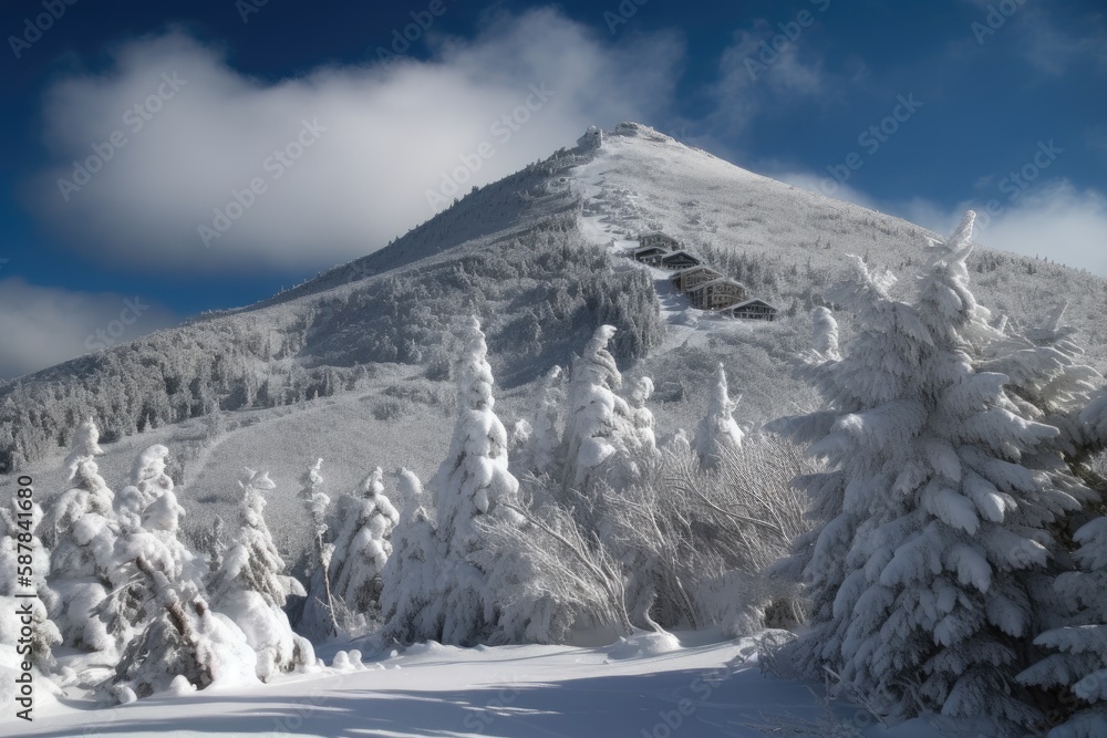 snow-covered mountain with a dense forest. Generative AI