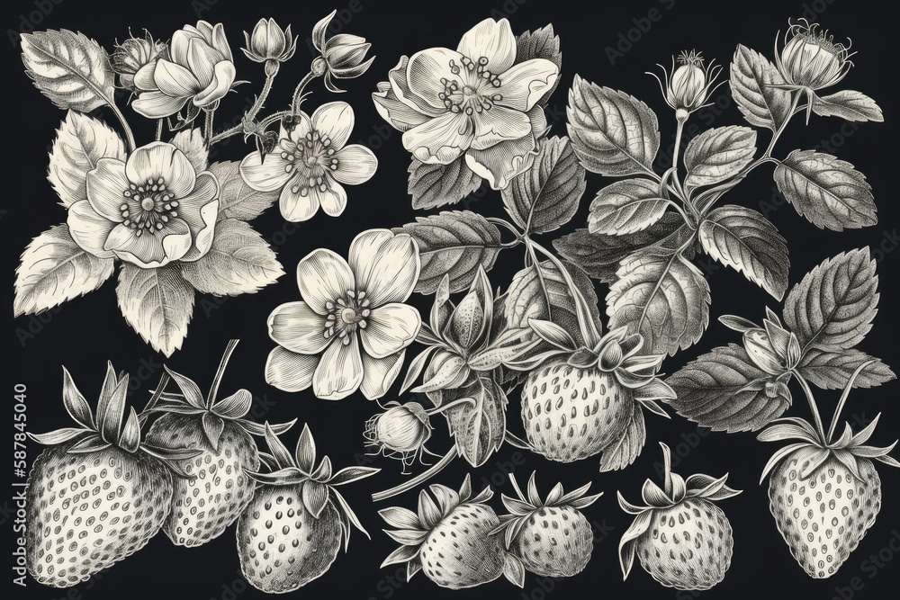 Illustration of strawberries and flowers on a black background. Generative AI