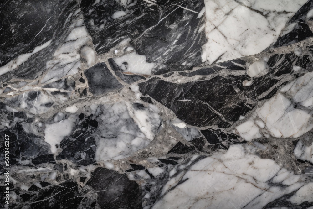 detailed close-up view of a white marble surface with intricate black and grey veining. Generative A