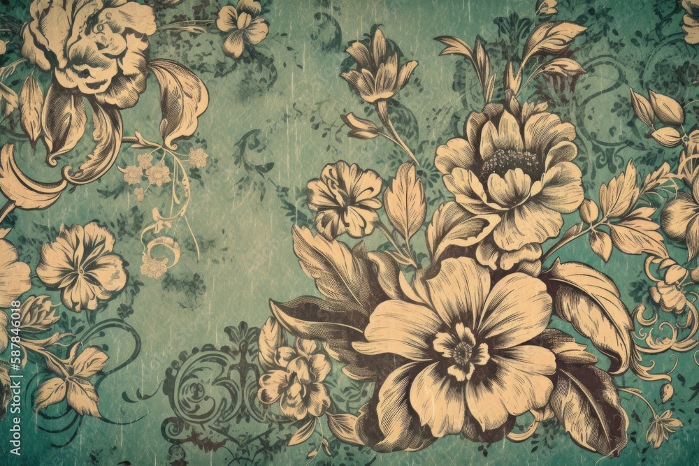 floral pattern wallpaper on a vibrant green background. Generative AI