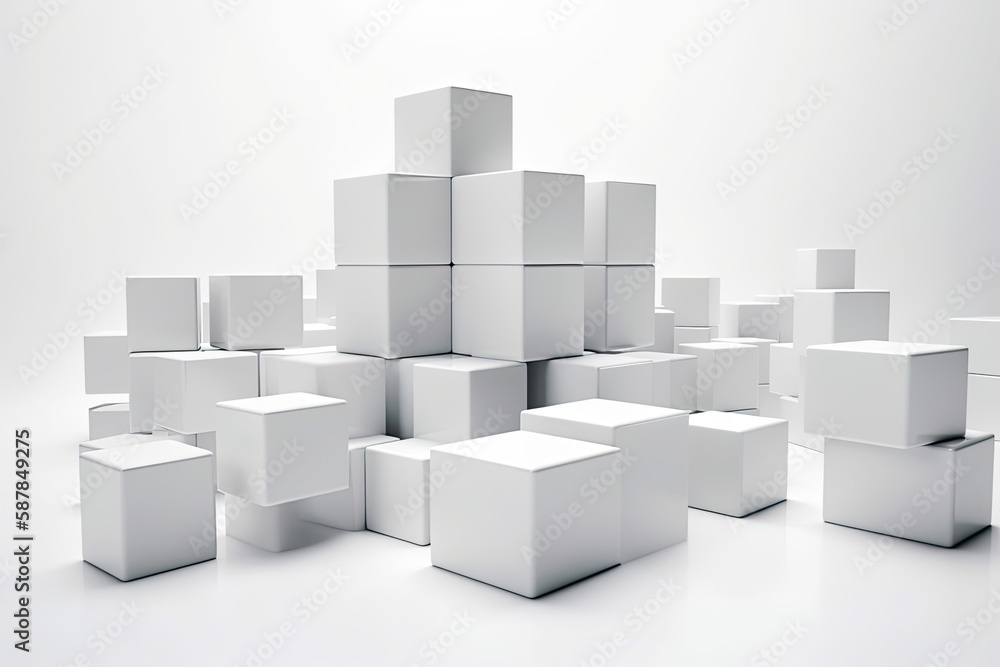 Illustration of stacked white cubes forming a minimalist sculpture or design element. Generative AI