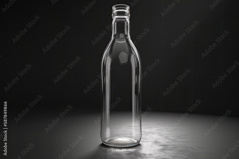 Illustration of an empty glass bottle placed on a wooden table. Generative AI