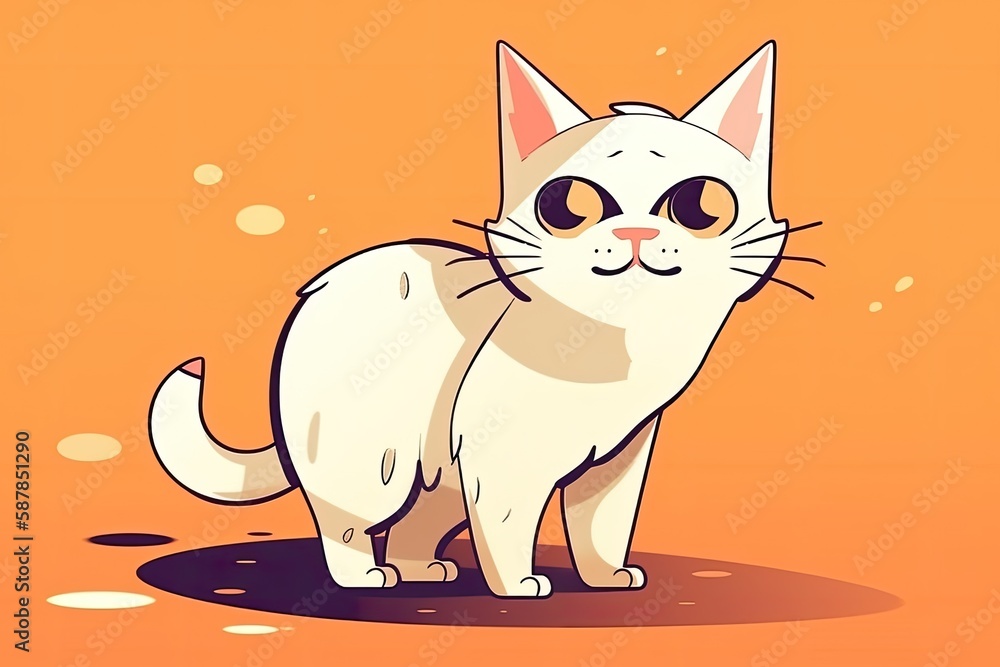 white cat with big eyes standing on an orange background. Generative AI