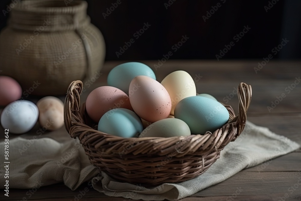 wicker basket filled with colorful eggs on a wooden table. Generative AI