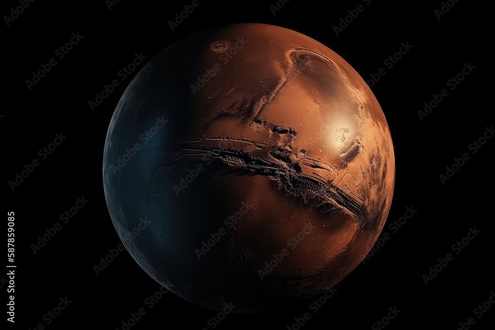 close up of a red planet with a deep black space background. Generative AI