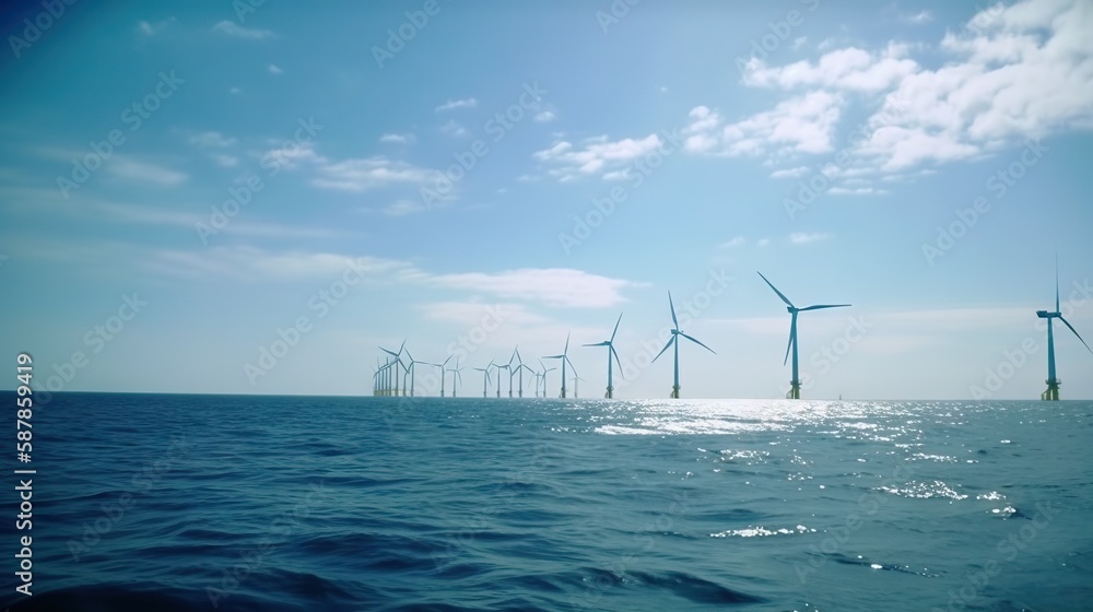 Offshore Windmill farm in the ocean, windmills isolated at sea on a sunny day. Generative AI