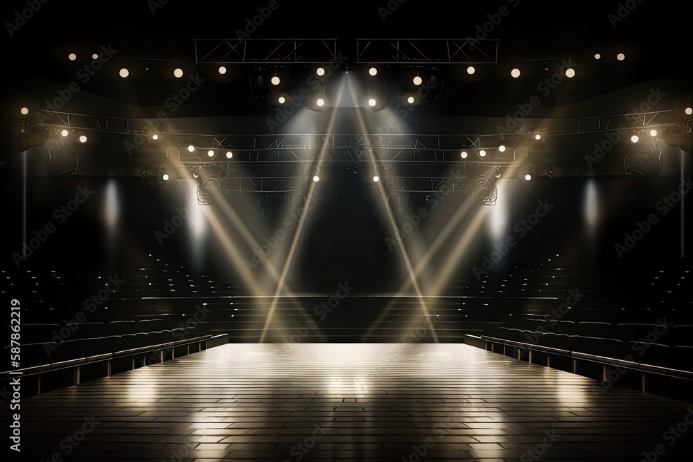 Illustration of an empty stage with spotlights shining on it, ready for a performance. Generative AI